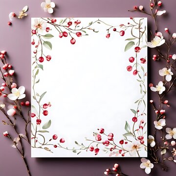 Elegant invitation card embellished with strawbwerry branches spring colors Frame. Ai Generated