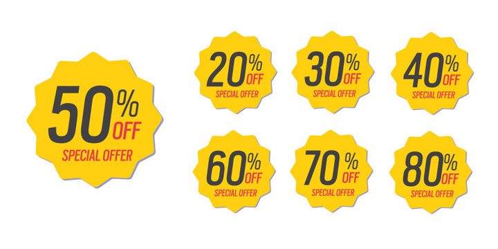 Special offer discounts label starting from 20, 30, 40, 50, 60, 70, 80 percent off. vector discount sticker yellow.