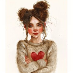 A young girl with a warm sweater and heart design poses with her arms crossed in a cozy setting