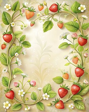 Elegant invitation card embellished with strawbwerry branches spring colors Frame. Ai Generated