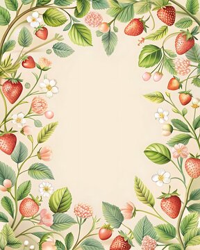 Elegant invitation card embellished with strawbwerry branches spring colors Frame. Ai Generated