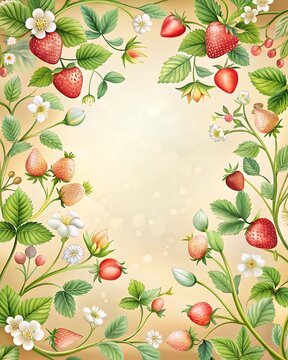 Elegant invitation card embellished with strawbwerry branches spring colors Frame. Ai Generated