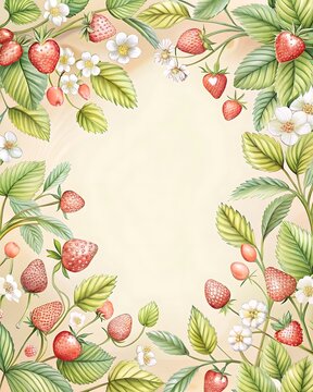 Elegant invitation card embellished with strawbwerry branches spring colors Frame. Ai Generated