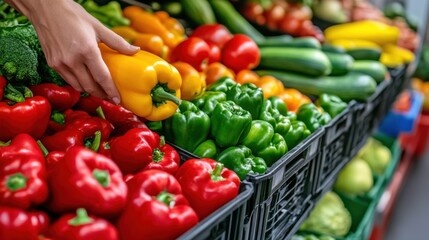 Canvas Print - A person picking up a yellow pepper from the produce section, AI