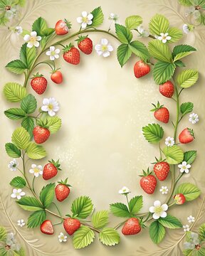 Elegant invitation card embellished with strawbwerry branches spring colors Frame. Ai Generated