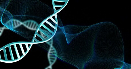 Poster - DNA strand and digital wave animation over black background