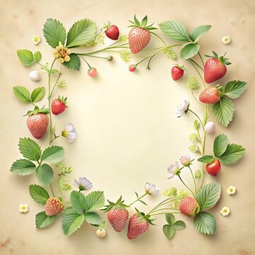 Elegant invitation card embellished with strawbwerry branches spring colors Frame. Ai Generated