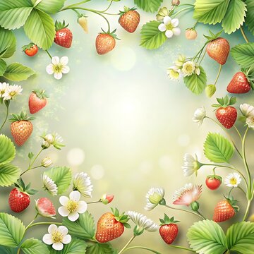 Elegant invitation card embellished with strawbwerry branches spring colors Frame. Ai Generated