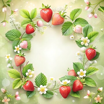 Elegant invitation card embellished with strawbwerry branches spring colors Frame. Ai Generated