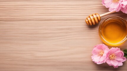 Wall Mural - A wooden table with a honey jar and flowers, AI