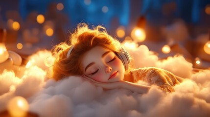 A girl with a serene face rests on a soft cloud, lost in music, wearing cozy pajamas and headphones in soft night light.