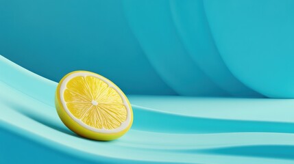 A lemon slice on a blue background with waves, AI