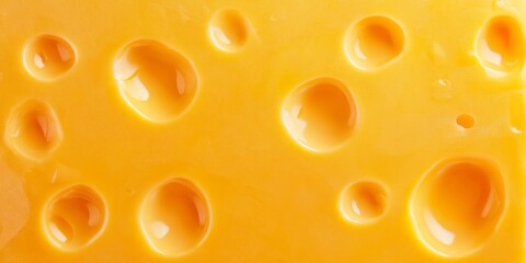 A detailed closeup of a textured yellow cheese slice featuring distinctive holes and patterns