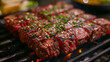 © KaiTong - Deliciously grilled steak cubes sizzling on a hot grill, topped with green onions, sesame seeds, and savory seasoning, ready to serve