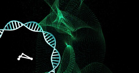 Poster - DNA strand and abstract green digital waves, scientific data processing animation