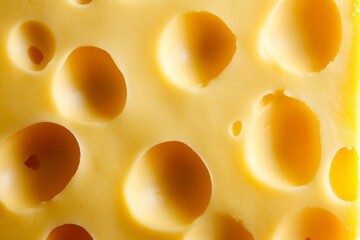 Wall Mural - A detailed closeup of a textured yellow cheese slice featuring distinctive holes and patterns