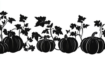 Autumnal silhouette of pumpkins with leaves on white background. Perfect for Harvest Festival or Thanksgiving Day designs emphasizing eco-friendly vegetables.