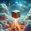 © Anastasiia - A futuristic delivery box floats in a vibrant, whimsical sky filled with colorful balloons, airplanes, and other imaginative elements, evoking a sense of wonder and innovation.. AI Generation