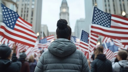 Woman holding American flags. Government officeThere is a background. President, vote, International Day of Democracy Dawn of Change