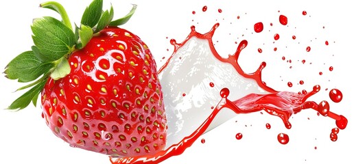 A single, ripe strawberry with green leaves, isolated on a white background. A splash of red juice erupts from the fruit, creating a vibrant and dynamic image.