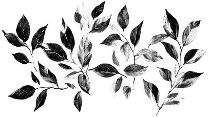 Wall Mural - Trendy set of black silhouettes of leaves on a white background, made with ink, rough brushstrokes. Generative AI