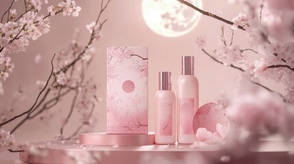 A set of two bottles, with cherry blossom elements on the background.