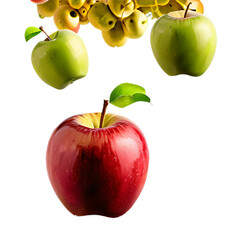 Poster - Colorful_apples_(red,_green,_yellow)_falling_mid-air,_isolated_on_a_white_background,_with_full_depth_and_detail.