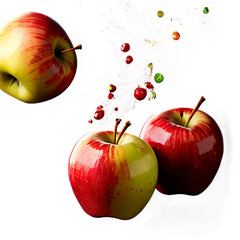 Poster - Colorful_apples_(red,_green,_yellow)_falling_mid-air,_isolated_on_a_white_background,_with_full_depth_and_detail.