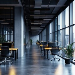 Wall Mural - Modern open office space with large windows, concrete walls, and wood desks.