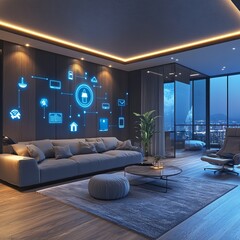 Sticker - Modern smart home living room with a view of the city at night.