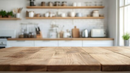 Natural wooden table Blurred background with family dining room and minimalist kitchen interior. Wooden table, kitchenware and appliances on furniture and shelves, white wall 