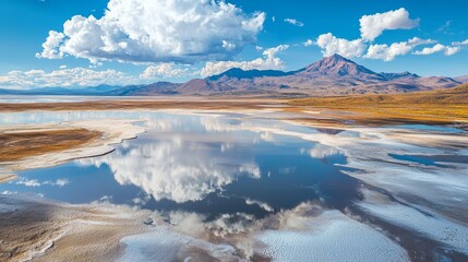 Sticker - Mountain lake with blue water and white clouds reflecting in the water.