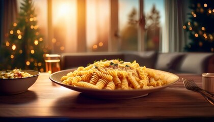 macaroni and cheese in a plate on a table, with a kitchen background with a Christmas tree