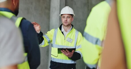 Poster - Teamwork, checklist and engineering with man on construction site for project management. Property development, building inspection for architecture, clipboard and contractor with planning update