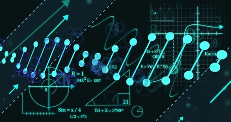 Canvas Print - Mathematical equations and graphs over abstract animation of connected dots and lines