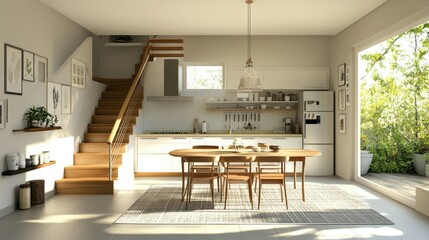 Simple kitchen with dining table in the center and stairs to the second floor. Cozy and comfortable home design. 3D illustration.