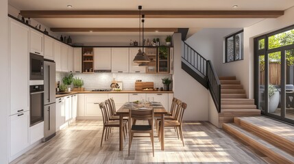 Simple kitchen with dining table in the center and stairs to the second floor. Cozy and comfortable home design. 3D illustration.