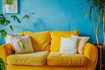 A stylish yellow couch against a striking blue wall, adorned with lush green plants, presenting a vibrant and cheerful living space.