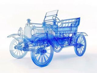 Car 1890s visualization with augmented reality Transparent car in studio drawing in blue colors blueprint glowing neon hologram futuristic show technology security for premium product business finance