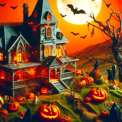 Wall Mural - Halloween theme. Haunted house on a hill with the moon in the background surrounded by cemeteries, trees, bats, pumpkin masks with glowing eyes