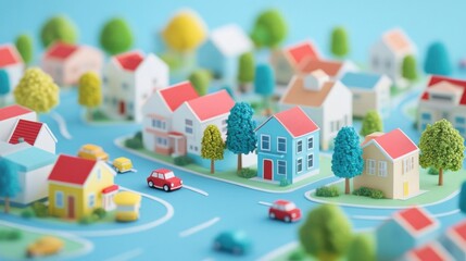 Wall Mural - Cartoon-style miniature cityscape with colorful houses, trees, and cars on a light blue background. Urban layout and architecture concept