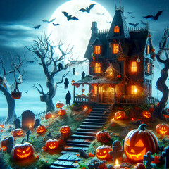 Wall Mural - Halloween theme. Haunted house on a hill with the moon in the background surrounded by cemeteries, trees, bats, pumpkin masks with glowing eyes