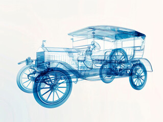 Wall Mural - Car 1910s visualization with augmented reality Transparent car in studio drawing in blue colors blueprint glowing neon hologram futuristic show technology security for premium product business finance