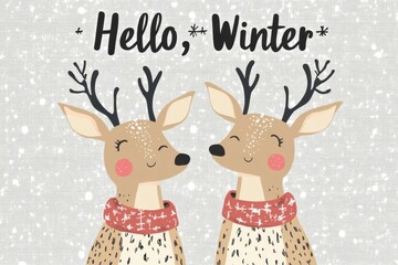 Wall Mural - A cute deer couple with snow in their hair, dressed up for winter and wearing scarves around their necks, standing side by side against a snowy background.