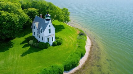 Wall Mural - A white house on a small island surrounded by water, AI