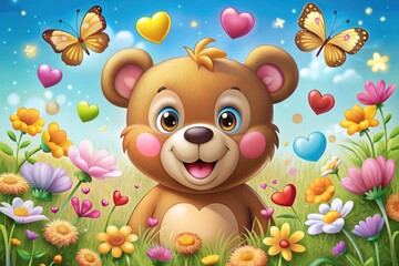 Wall Mural - Adorable cuddly bear cartoon character surrounded by love hearts, flowers, and butterflies, expressing affectionate emotions with a sweet, endearing, and playful facial expression.