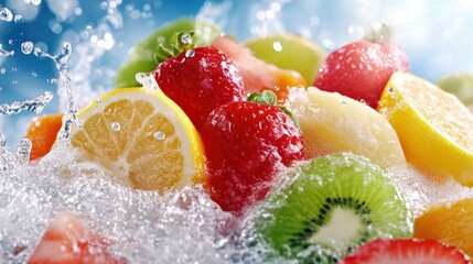 Wall Mural - A close up of a bunch of fruit in water with bubbles, AI