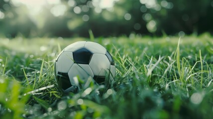 Fresh soccer ball on lush green field, prepared for play