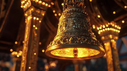 Sticker - Ornate Golden Bell Hanging in a Temple.