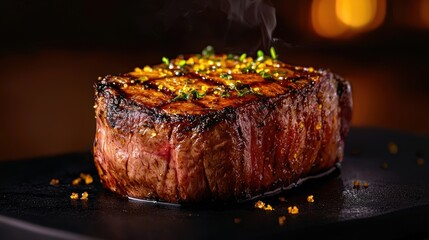 Wall Mural - Buttery Wagyu ribeye, opulent presentation, fine dining, realistic photograph,